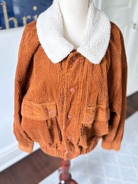 MOTHER Women’s Corduroy Jacket with White Sherpa Collar - Rust Brown with Purple